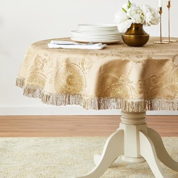 Victorian Gold Brocade Round Table Cloth 60" - Picture 1 of 7
